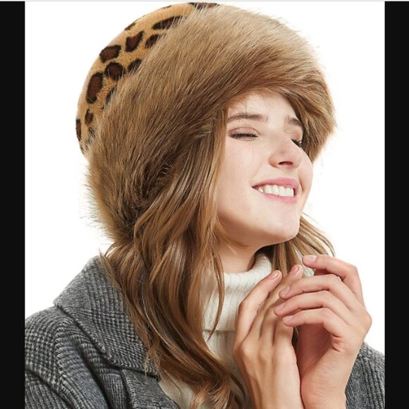 Women's Leopard Faux Fur Hats Fluffy Bucket Hat Russian Style for